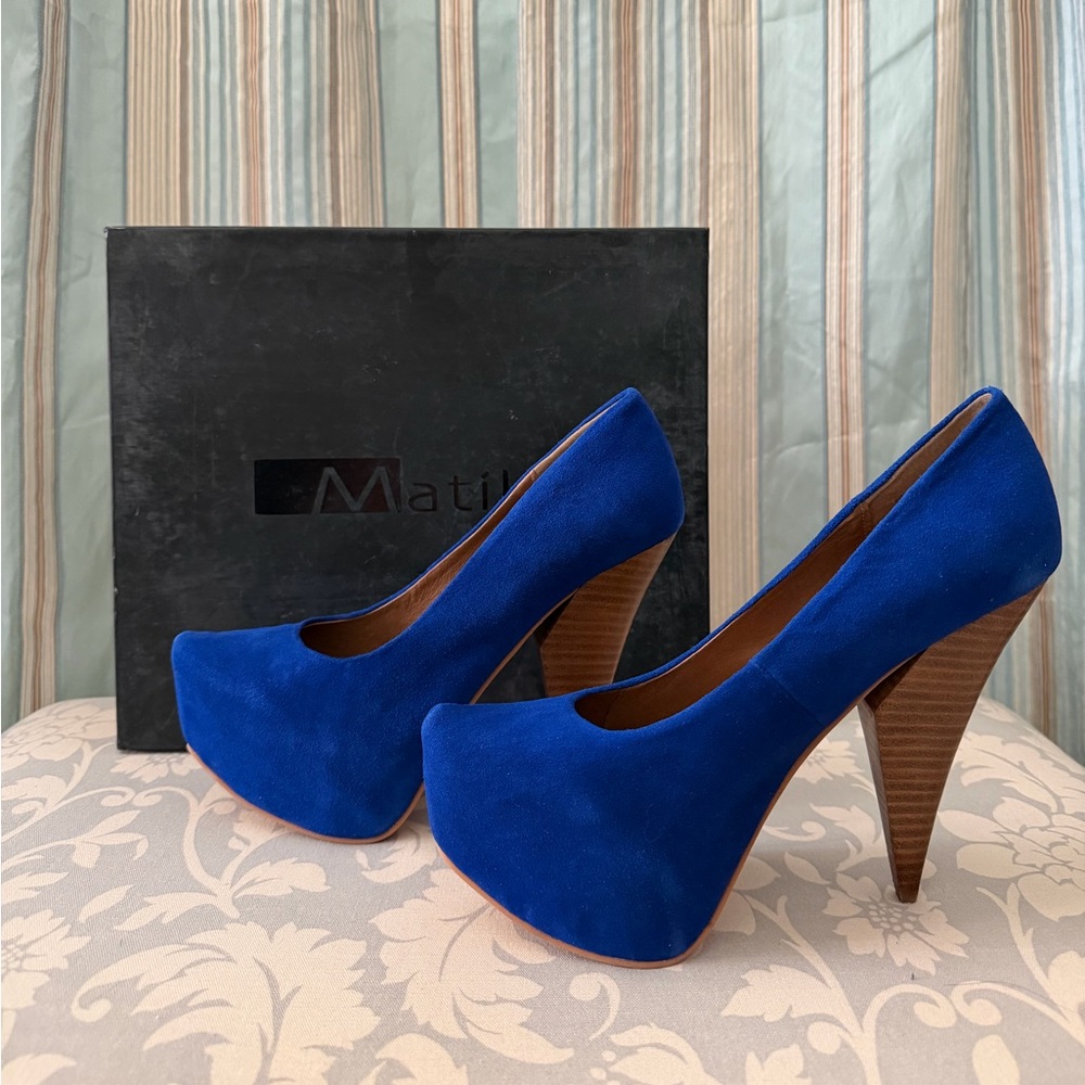 Matiko Lydia Electric Blue Suede Platform Pump Heels Size 6.5